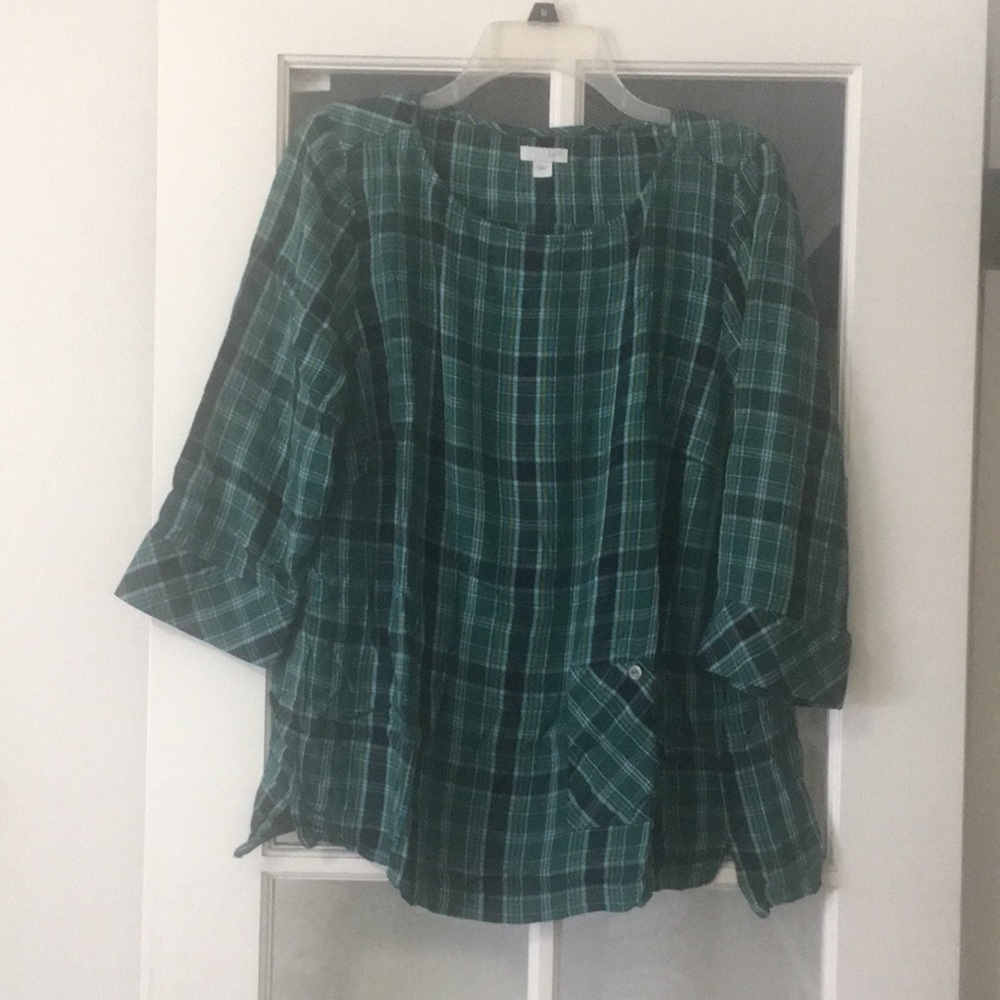 Green plaid popover blouse